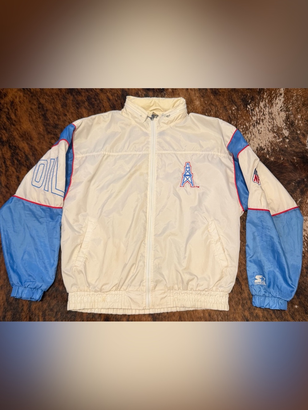Houston Oilers Starter Jacket XL White Blue Full Zip Windbreaker RARE 80-90s VTG
